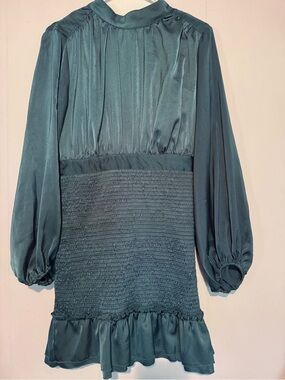 Line & Dot Teal Smocked Satin Long-Sleeve Mini Dress